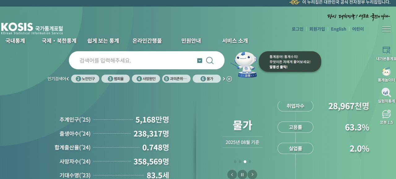 정상 운영중인 국가통계포털(KOSIS) (사진=KOSIS 홈페이지 캡처, 연합뉴스)