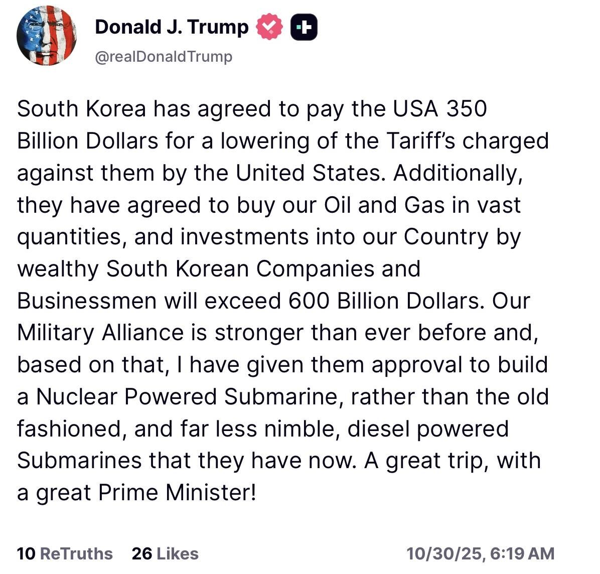 정상회담 설명하며 대통령 대신 '총리'로 잘못 표기한 도널드 트럼프 대통령 SNS (사진=도널드 트럼프 대통령 트루스소셜 캡쳐, 연합뉴스)