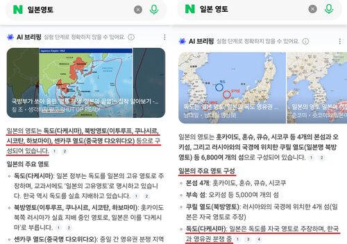 네이버 AI가 '독도=일본 영토'로 표기한 화면 (사진=서경덕 교수 제공, 연합뉴스)