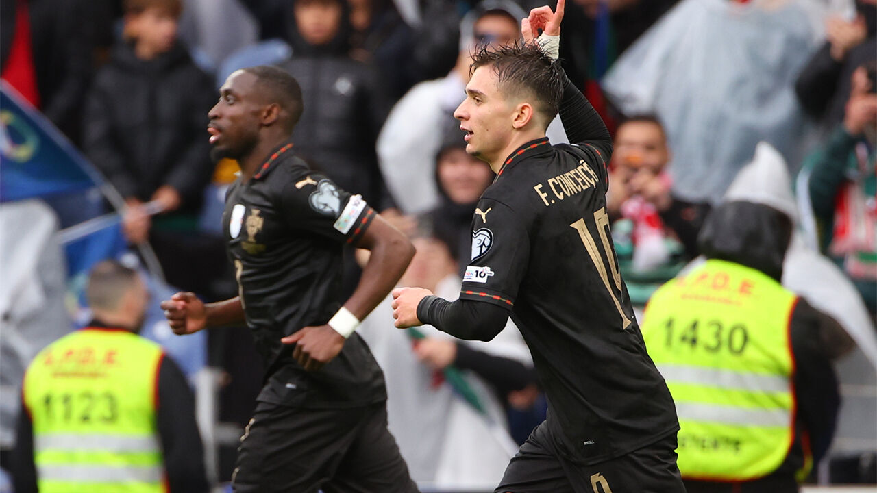 아르메니아와의 2026 북중미 월드컵 F조 6차전 최종전에서 9-1 대승을 거둔 포르투갈 팀. 아홉번재 골을 넣은 프란시스코 콘체이카오가 기뻐하고 있다. (사진=AP, 연합뉴스)