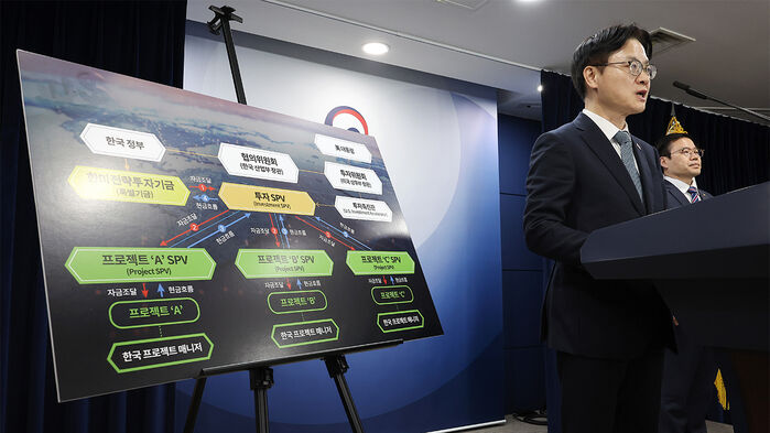 김정관 산업통상부 장관(왼쪽)이 14일 서울 종로구 정부서울청사에서 한미 관세협상 팩트시트 및 MOU 관련 브리핑을 하고 있다. (사진=연합뉴스)