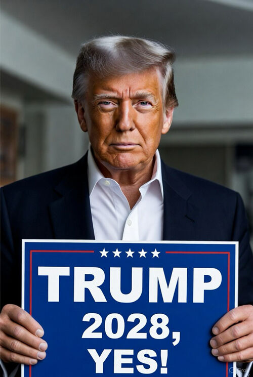 '트럼프 2028'이라고 적힌 피켓을 든 트럼프 이미지 (사진=트럼프 트루스소셜 계정 캡처, 연합뉴스)