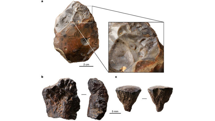 영국 동부 서퍽의 구석기 시대 유적지 바넘에서 발견된 손도끼와 황철석 조각 (사진=네이처 논문, 연합뉴스)