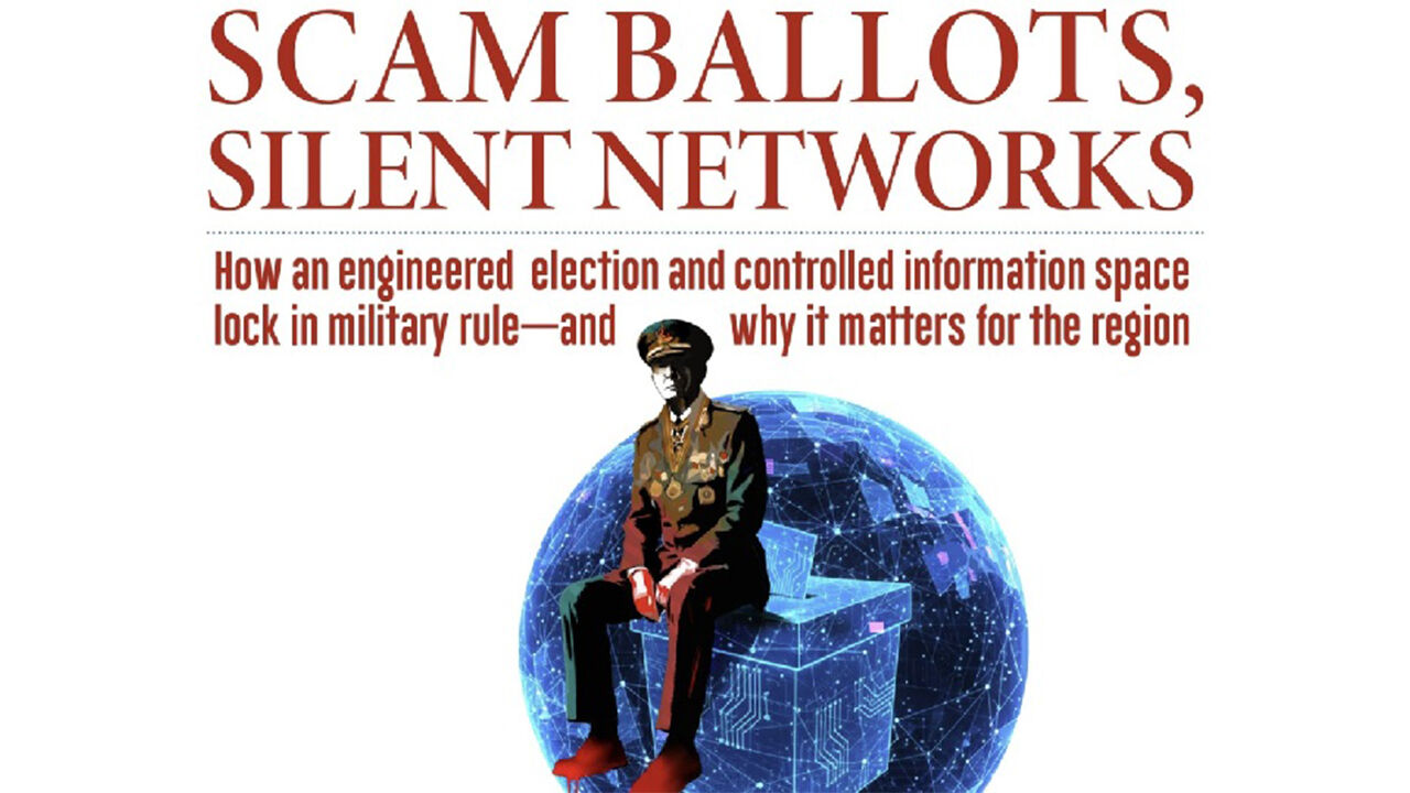 미얀마 민족통합정부 외교부가 발간한 특별호 표지. 군부의 '가짜 선거'를 규탄하는 이미지로 제작했다. (2025년 10월 8일)