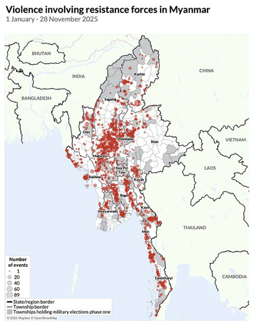ACLED가 저항군과의 충돌이 이어지는 미얀마 곳곳의 폭력 사태를 그래프로 나타낸 자료. 2025년 1월부터 11월 28일까지 집계된 자료인데, 전국 대부분의 지역에서 군정의 공습에 맞대응하는 다양한 세력들의 저항이 이어지고 있다는 걸 볼 수 있다.