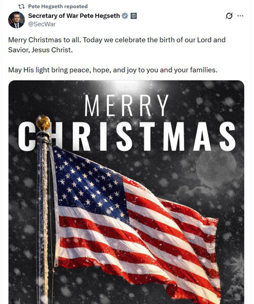 미 국방부(전쟁부) 장관 계정의 성탄 메시지 (사진=헤그세스 장관 엑스 캡처, 연합뉴스)