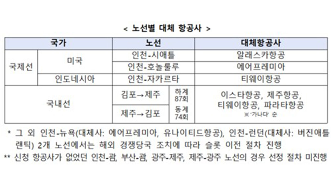 노선별 대체 항공사 (사진=국토교통부 제공, 연합뉴스)