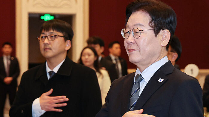 중국을 국빈방문 중인 이재명 대통령이 7일 상하이의 한 호텔에서 순방 기자단 오찬 간담회를 하고 있다. (사진=연합뉴스)