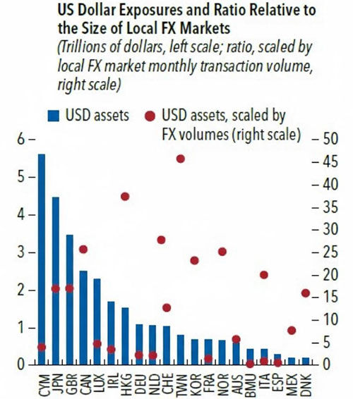 환노출 달러자산 및 외환시장 대비 배율(빨간점) (사진=IMF Global Financial Stability Report, 연합뉴스)