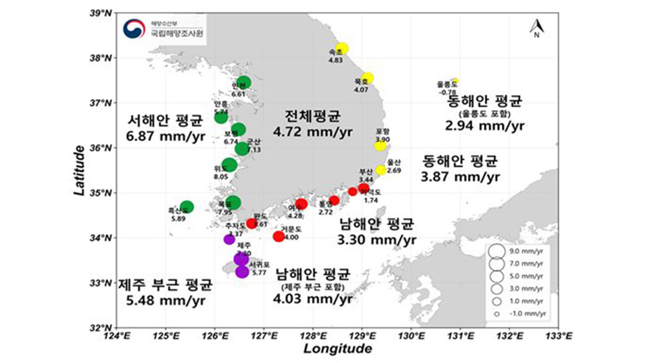최근 10년간 해수면 상승 현황 (사진=허종식 의원실 제공, 연합뉴스)