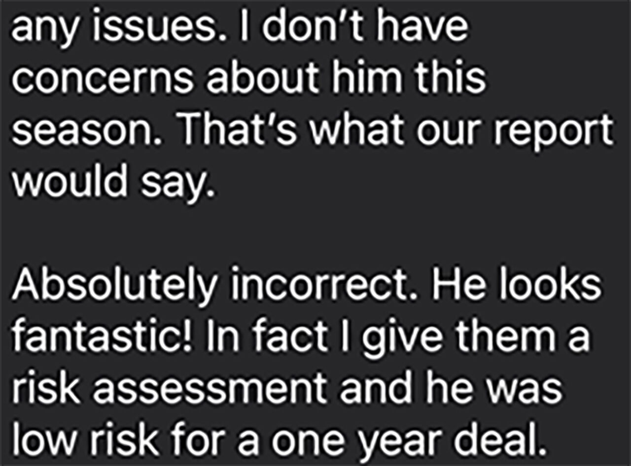 미국에서 버하겐의 신체검사를 담당했던 의사가 버하겐의 에이전트에게 보낸 문자 일부