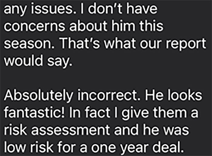 미국에서 버하겐의 신체검사를 담당했던 의사가 버하겐의 에이전트에게 보낸 문자 일부