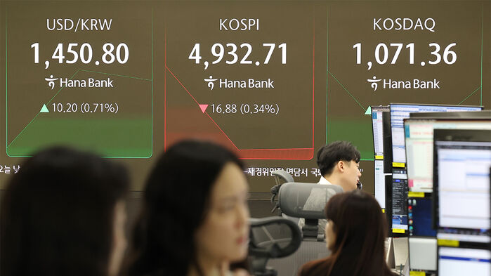 27일 서울 중구 하나은행 본점 딜링룸에서 직원들이 증시와 환율을 모니터하고 있다. (사진=연합뉴스)