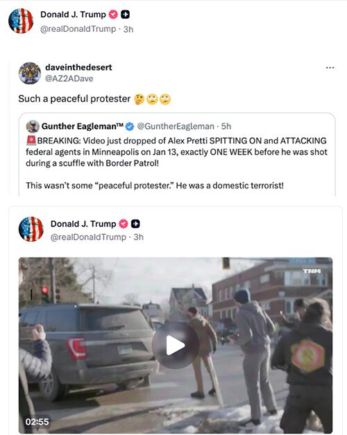 트럼프 대통령이 공유한 프레티의 영상 (사진=트럼프 대통령 트루스소셜 캡처, 연합뉴스)