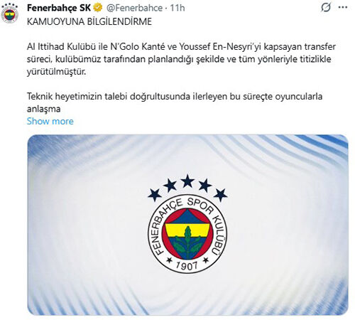 은골로 캉테와 유세프 엔네스리의 이적 무산과 관련한 성명을 낸 페네르바체.