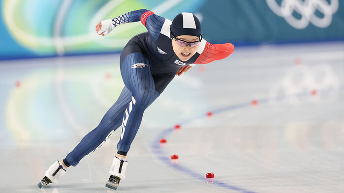 9일(현지시간) 이탈리아 밀라노 스피드스케이팅 스타디움에서 열린 2026 밀라노-코르티나담페초 동계올림픽 스피드스케이팅 여자 1,000ｍ 경기에서 김민선이 질주하고 있다.