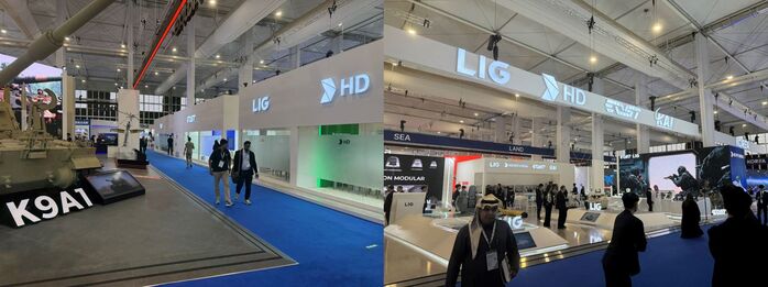 사우디 WDS에서 한화 방산 3총사는 K9A1 실물크기 모형을 앞세워 대형 부스를 차렸고, LIG넥스원·HD현대·이오시스템·KAI는 한화 부스를 등지고 공동 부스를 열었다.