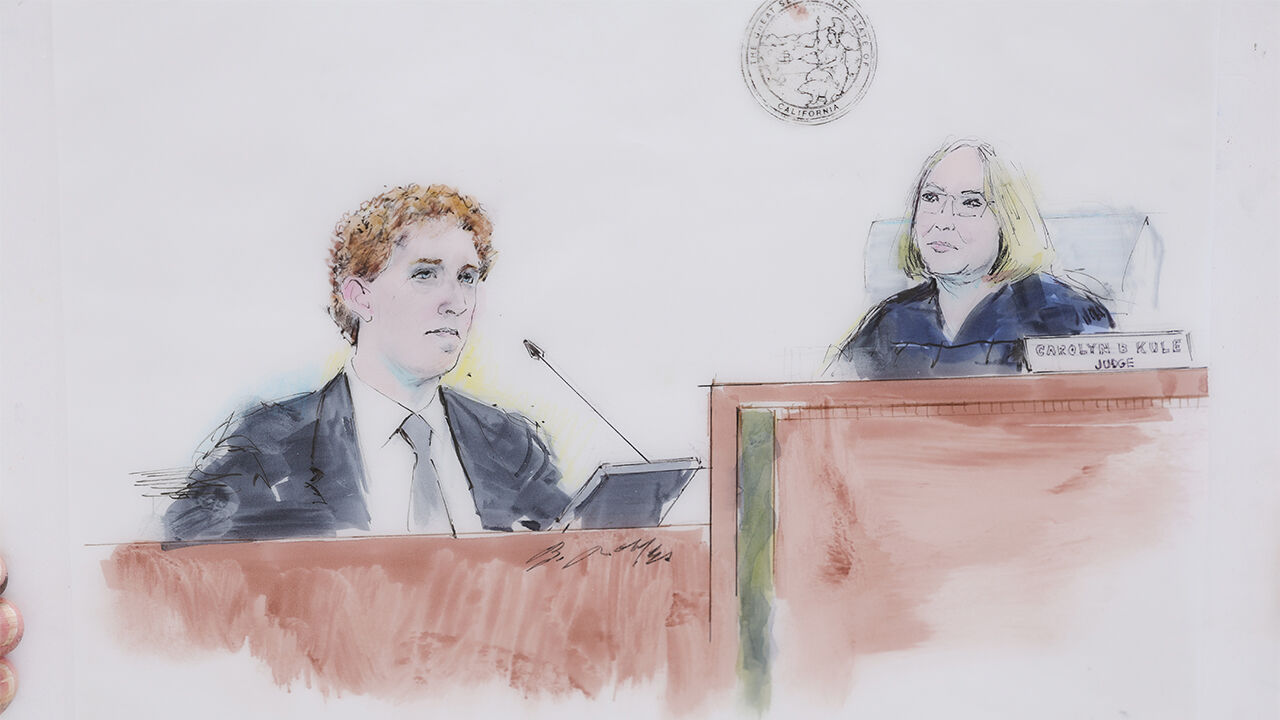 마크 저커버그 메타 최고경영자(CEO)가 18일(현지시간) 미국 로스앤젤레스에서 열린 캘리포니아 1심 법원에서 증언하는 모습을 담은 법정 스케치.