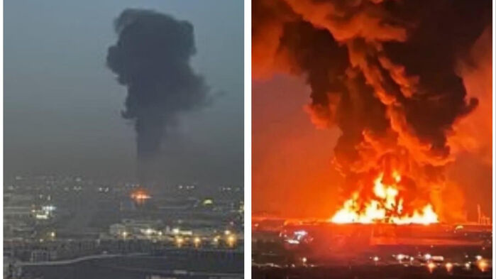 이라크 미군 기지 공격 장면이라 주장하는 사진(왼쪽)과 AI로 부풀린 모습(오른쪽)