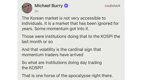 마이클 버리 서브스택 게시글 (사진=마이클 버리 서브스택 글 캡처, 연합뉴스)