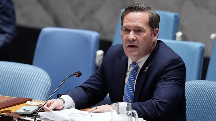 12일(현지시간) 유엔 안보리 회의에서 발언하는 마이크 왈츠 주유엔 미국 대사