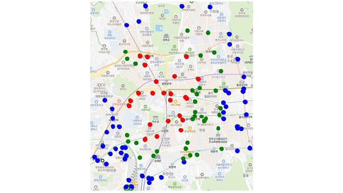 각각 붉은 점은 19일, 녹색 점은 20일 임시폐쇄되는 따릉이 대여소. 파란 점은 대여와 반납이 가능한 대여소 (사진=서울시 제공, 연합뉴스)