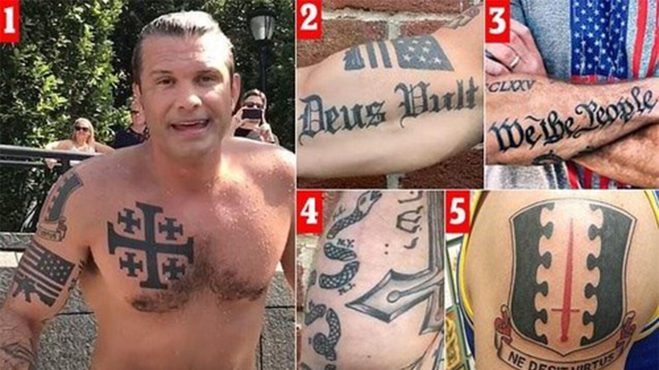 십자군의 문양 등 기독교 극단주의를 의심하도록 하는 문신이 몸에 빼곡한 피트 헤그세스 미국 국방부 장관.