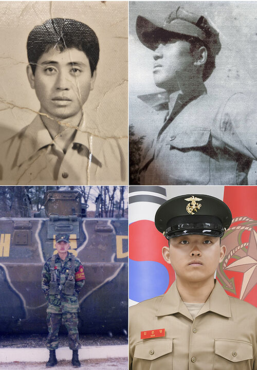 (왼쪽 위부터 시계 방향) 1대 해병 김재찬 옹, 2대 해병 김은일 옹, 4대 해병 김준영 이병, 3대 해병 김철민 씨. (사진=해병대 제공, 연합뉴스)