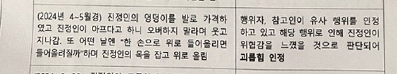 회사의 직장내 괴롭힘 조사 결과 일부 발췌 (사진=유족 제공, 연합뉴스)