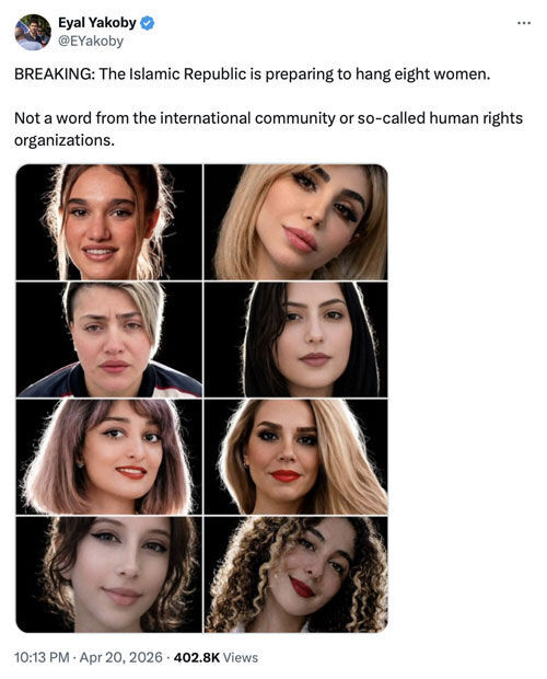 트럼프 대통령이 공유한 '처형 예정 이란 여성 시위대' 사진 (사진=트루스 소셜, 연합뉴스)