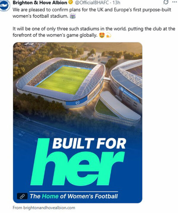 여자축구 전용 경기장 건설 계획을 발표한 브라이턴. (사진=브라이턴 앤드 호브 앨비언 구단 SNS, 연합뉴스)