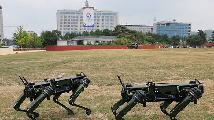 2022년 고스트로보틱스의 로봇개 2마리가 용산 대통령실 앞뜰 잔디 마당에서 포즈를 취하고 있다.