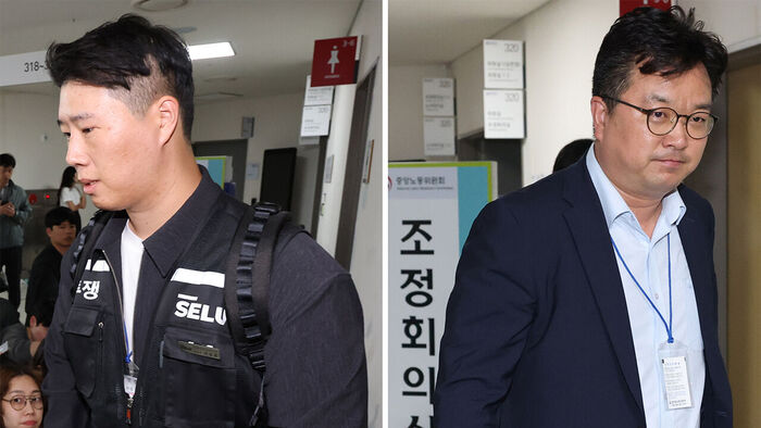 삼성전자 대표교섭위원인 김형로 부사장(오른쪽)과 최승호 초기업노조 삼성전자지부 위원장(왼쪽)이 13일 새벽 세종시 정부세종청사 중앙노동위원회에서 2026년 임금 협약 체결을 위한 2차 사후조정이 결렬된 후 각각 협상장을 떠나고 있다.