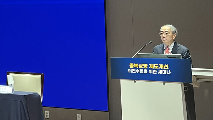 20일 서울 여의도 한국거래소 컨퍼런스홀에서 진행된 중복상장 제도개선 의견수렴을 위한 세미나에서 발제하는 남길남 자본시장연구원 선임연구위원