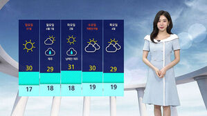 기상캐스터가 5월 31일부터 6월 4일까지의 날씨 정보를 담은 주간 예보 표를 설명하고 있습니다.
