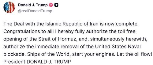President Trump's social media post announcing the war-ending agreement with Iran