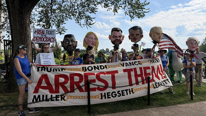 The DMV (Washington, D.C., Maryland, Virginia) chapter of the civic group 'Third Act' holds a protest against the 'UFC Freedom 250' event near the Ellipse park south of the White House on June 14 (local time).