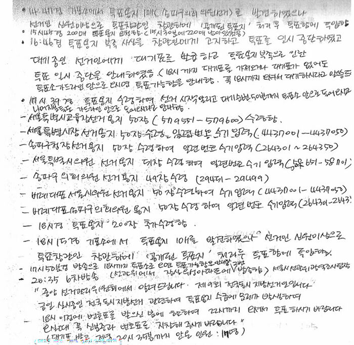 The voting log of the Jamsil 7-dong No. 2 Polling Station in Songpa-gu, Seoul, on the day of the June 3 local elections (Photo: Provided by Rep. Joo Jin-woo's office, Yonhap News)