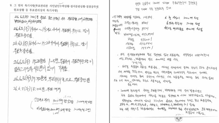 The voting log of the 7th polling station in Jamsil 4-dong, Songpa-gu, for the June 3 local elections (left) and the voting log of the 3rd polling station in Garak 2-dong (Photo courtesy of the Office of Rep. Joo Jin-woo, Yonhap News)