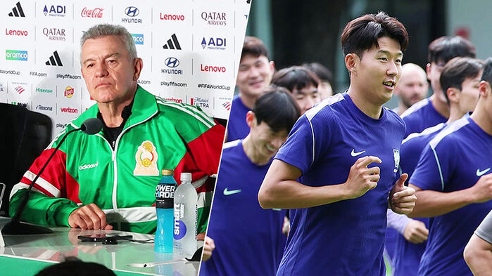 기자회견 중인 멕시코 감독과 훈련 중인 손흥민 선수.