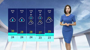 월요일부터 금요일까지 날씨 예보표와 파란 원피스를 입은 기상캐스터.