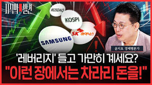 지식의 발견, 윤지호 경제평론가, 레버리지 들고 가만히 계세요? 이런 장에서는 차라리 돈을, 삼성 SK하이닉스 KOSPI KOSDAQ 로고와 주식 그래프 배경.