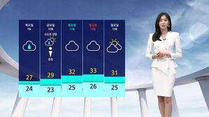 목요일부터 월요일까지의 기상 예보표와 흰색 정장을 입고 서 있는 기상 캐스터.