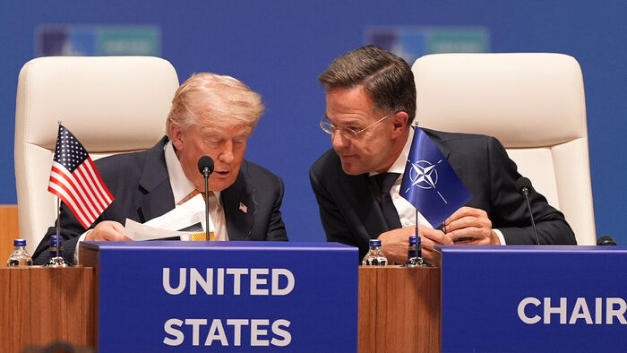 U.S. President Donald Trump and NATO Secretary General Mark Rutte attending the NATO summit plenary session