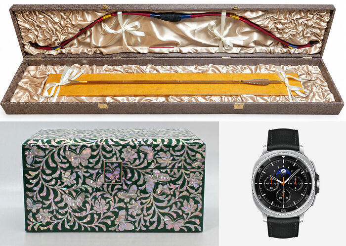 The Presidential Office released photos on July 10 of the gifts prepared by President Lee Jae-myung, who is on a state visit to Mongolia, for President Ukhnaa Khurelsukh and the First Lady. Clockwise from top: a traditional Korean bow set and a smartwatch for President Khurelsukh, and a mother-of-pearl jewelry box for First Lady Luvsandorj Bolortsetseg.