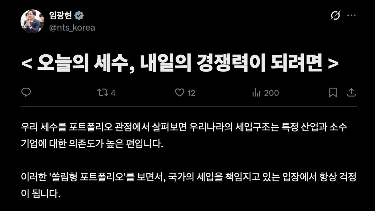 Lim Gwang-hyun's post on tax competitiveness (Photo: Screenshot of Commissioner Lim Gwang-hyun's X account, Yonhap News)