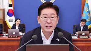 이재명 더불어민주당 대표가 국무회의장에서 발언하고 있으며 좌우로 국무총리와 국무위원 명패가 보임.