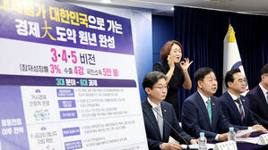 경제 대도약 원년 완성 3 4 5 비전 발표회 현장과 수어 통역사 및 관계자들.