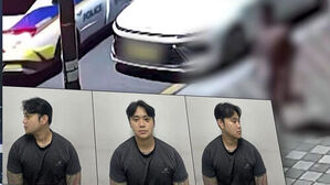 POLICE 문구가 적힌 순찰차와 검은색 반팔 티셔츠를 입은 남성의 정면 및 측면 모습.