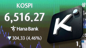 KOSPI 6,516.27, 하나은행 로고와 304.33 하락을 나타내는 증권 시황 화면.